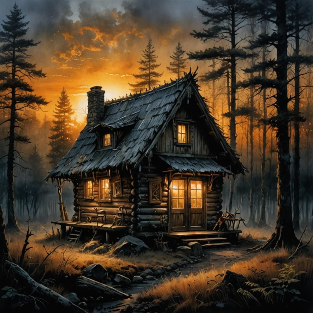 Watercolor Hunting Cabin at Sunrise in Deep Woods