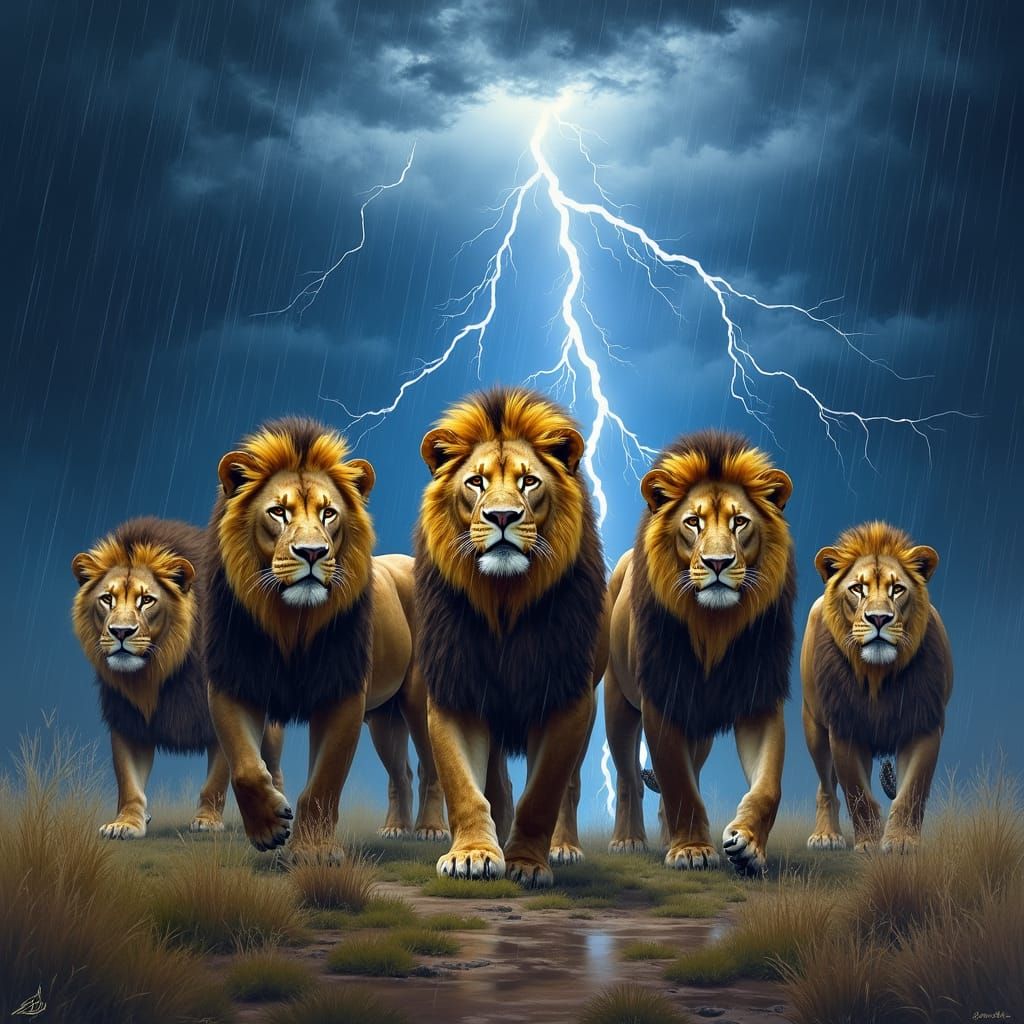 Regal Lions Amidst Turbulent Stormy Skies in Dramatic Wildli...