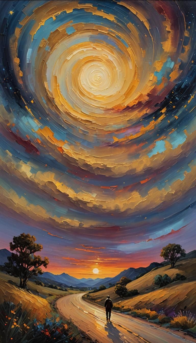 Impressionist Landscape with Starry Night Sky