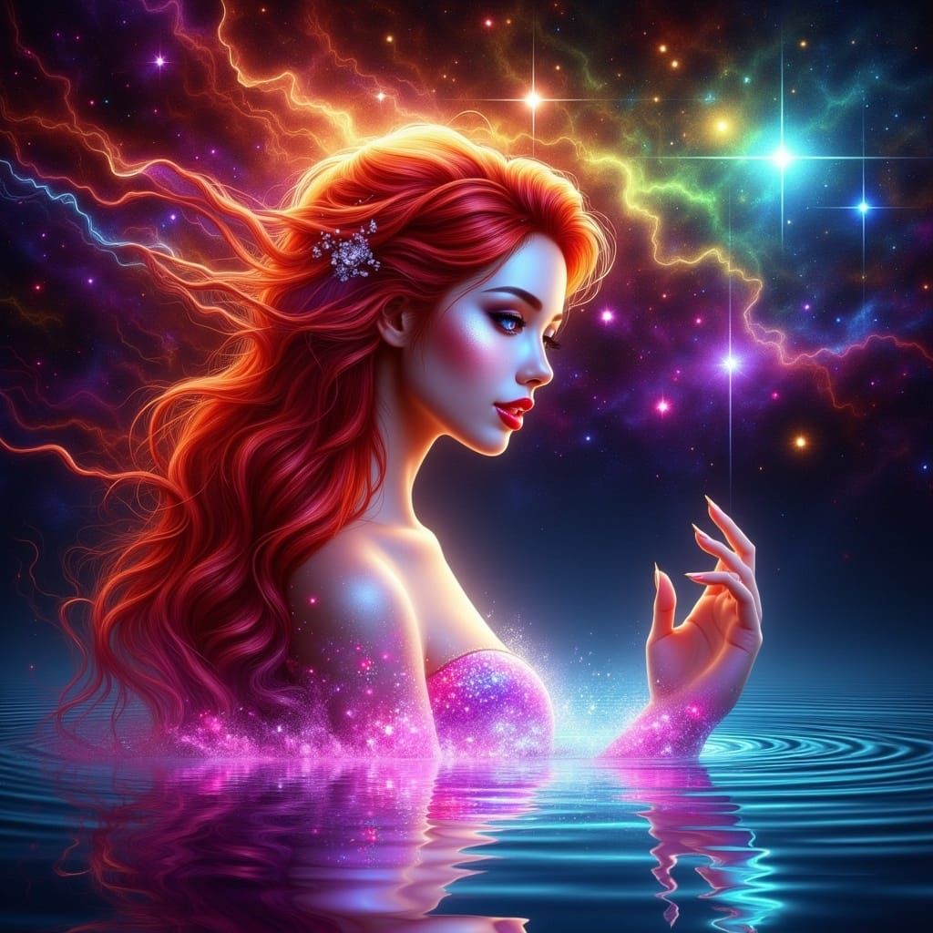 Dreamy Woman Gazing into a Galactic Lake