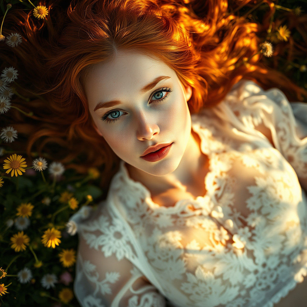Ginger Haired Woman in Wildflower Field, Photorealistic