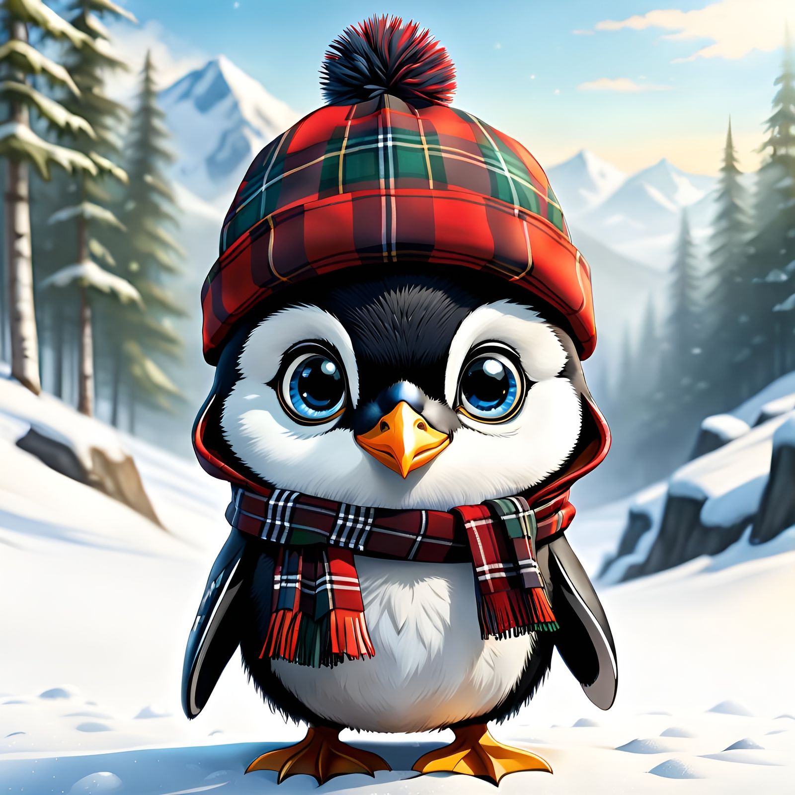 Chibi Penguin in Tartan Plaid: An Adorable Anime Illustratio...