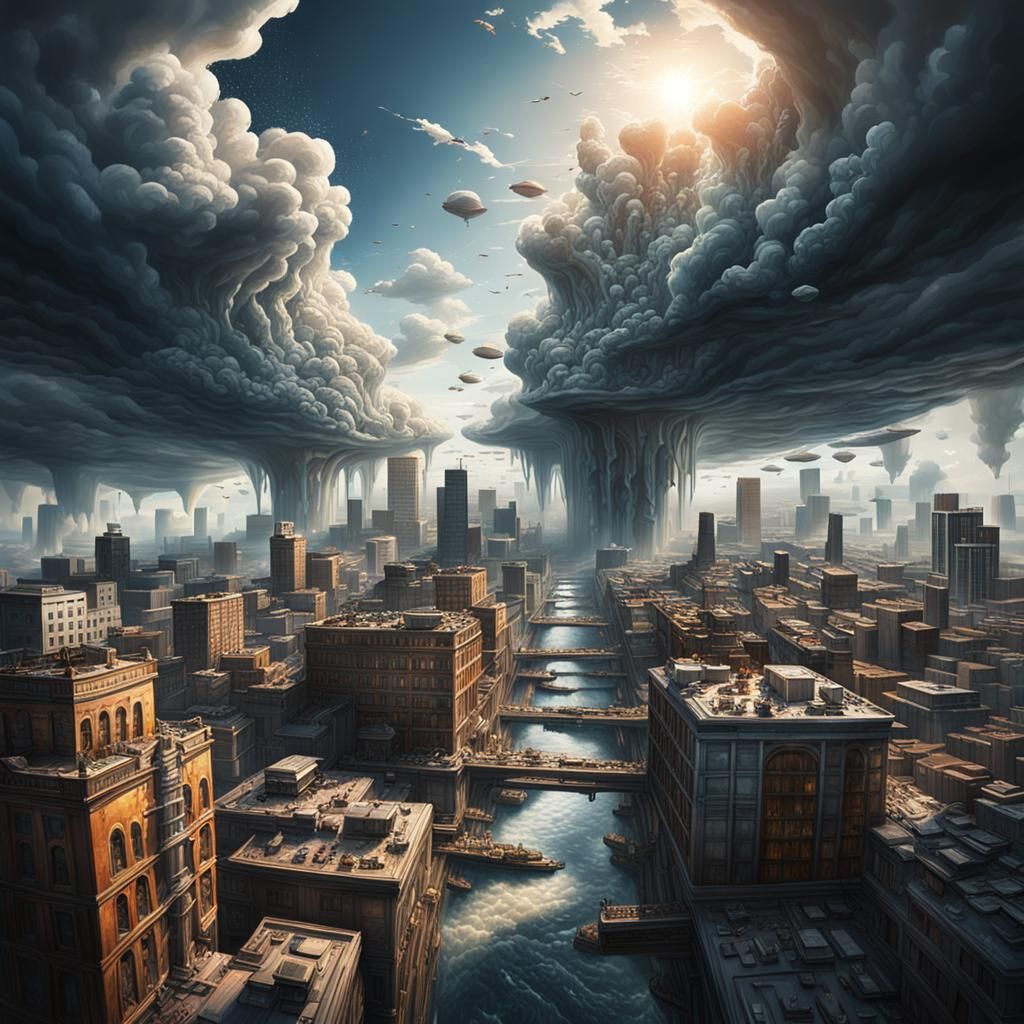 Floating City in Cloudy Sky: Hyperrealistic Splash Art