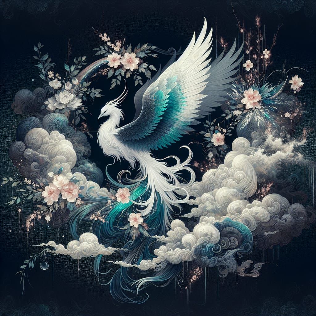Ethereal Phoenix with Floral Elements
