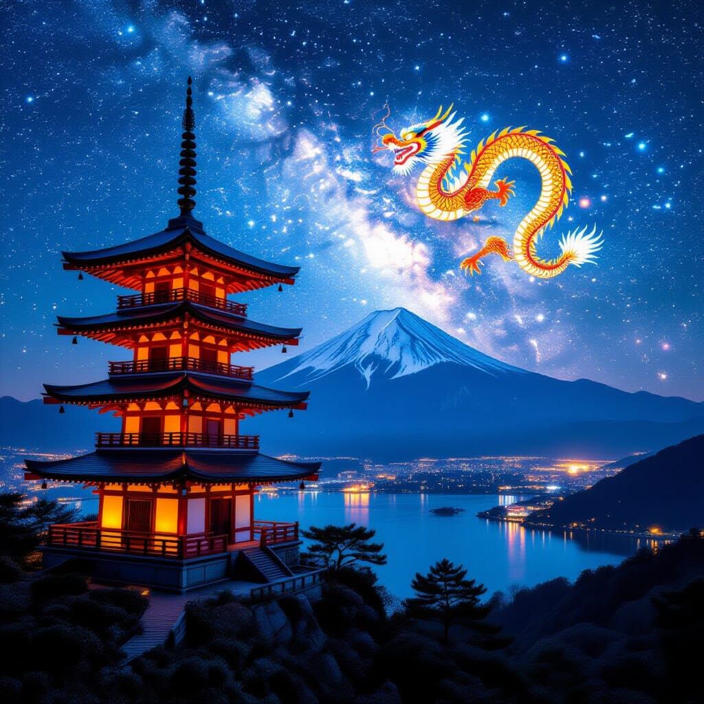 Cyberpunk Neon Pagoda Under Starry Sky