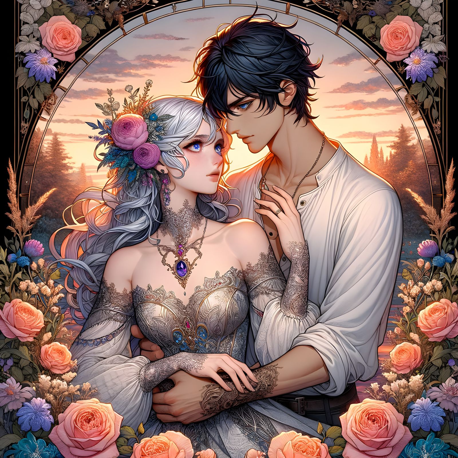 Romantic Anime Couple Embrace in Sunset Garden