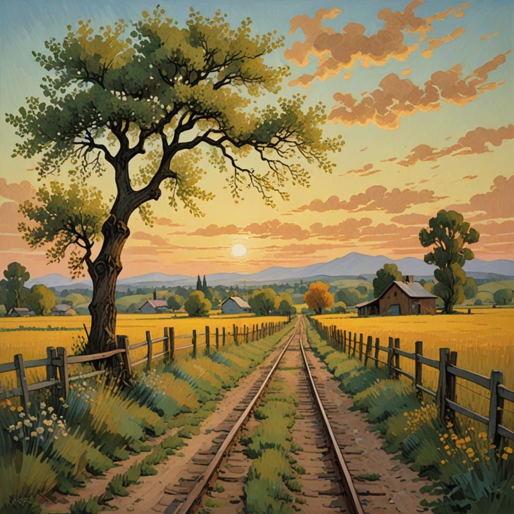 Railroad Cross with Rustic Wooden Wagon in Golden Light