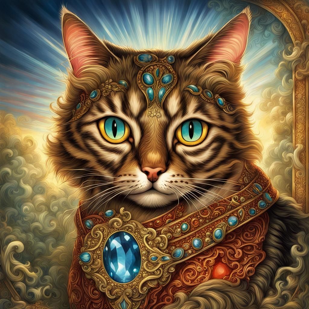 Big-Eyed Cat in Jeweled Sunlight, Tenniel Style