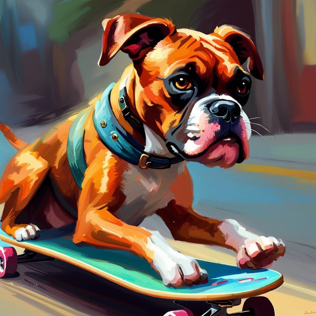 Boxer Dog Skateboard Art in Speedpainting Style