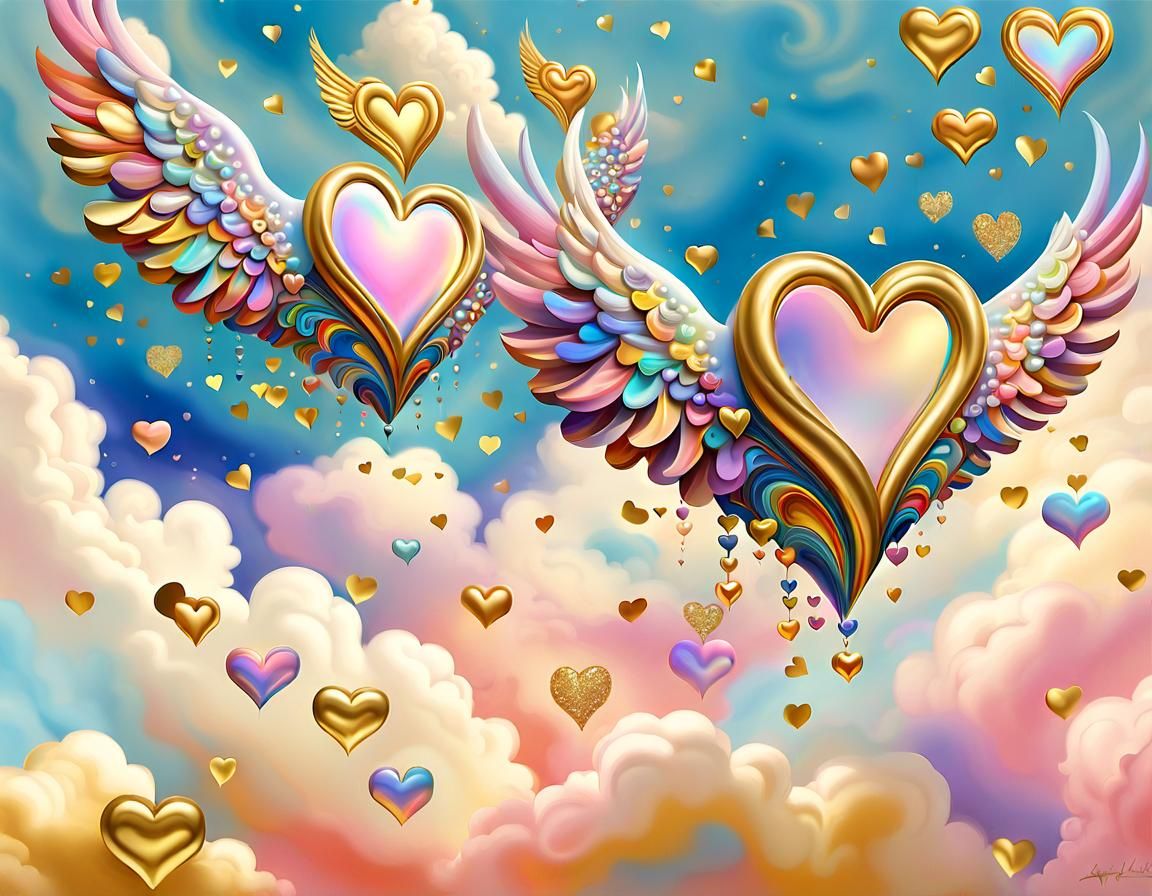 Stylize the pearl winged hearts floating in the sky with psy...