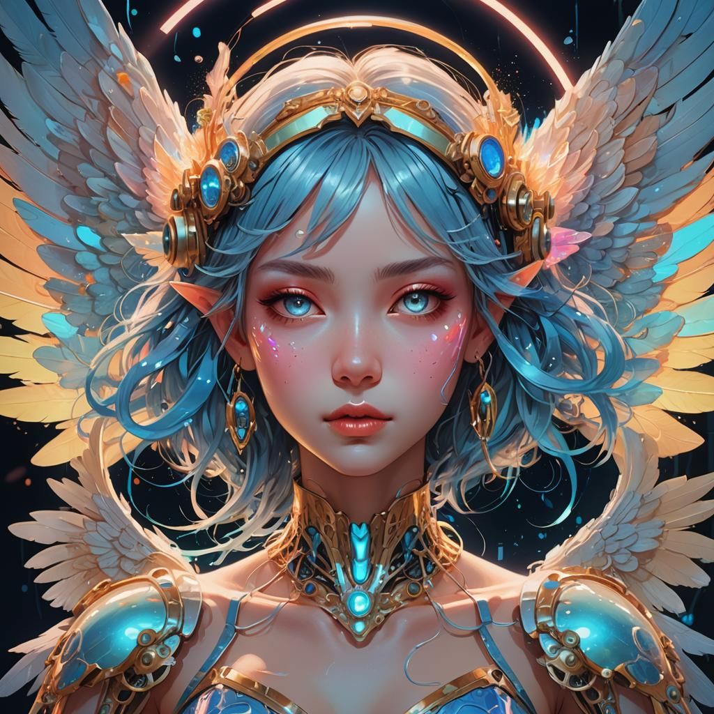 Neon Alien Angel Portrait in Manga Style