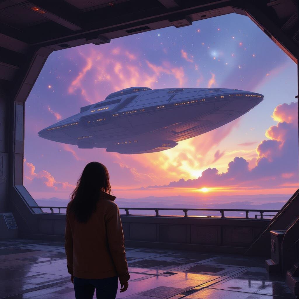 Woman Gazes at Violet Gold Nebula from Ancient Spaceship
