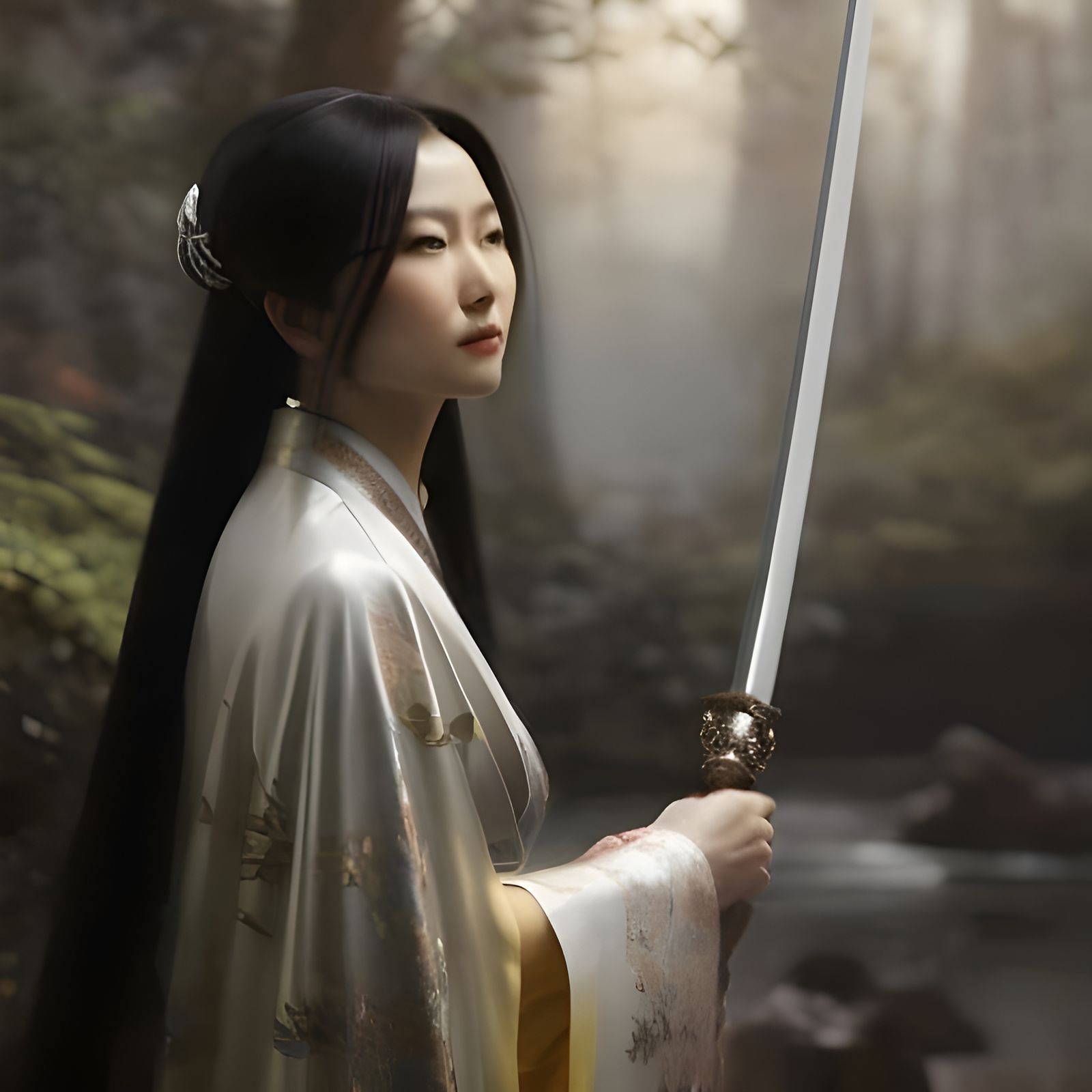 Anime Woman with Katana in Art Nouveau Style