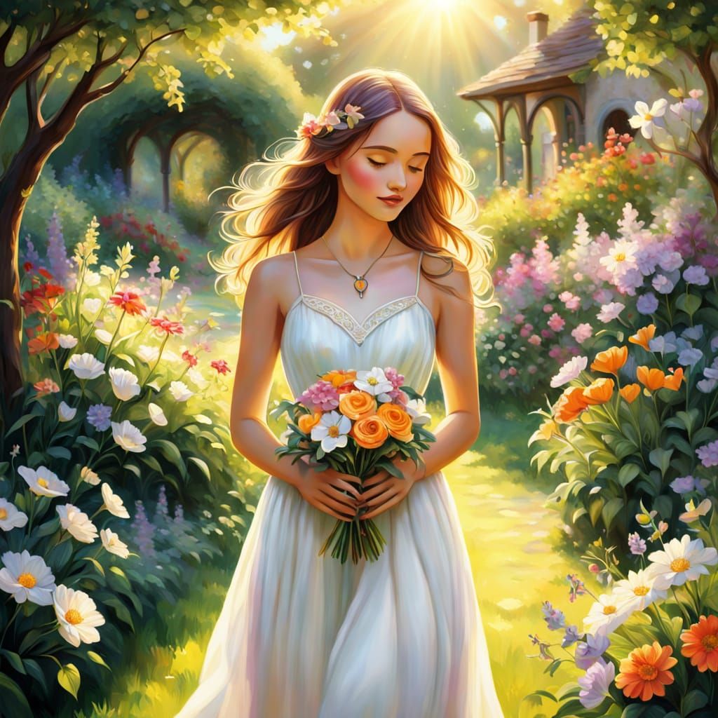 Whimsical Romantic Oil Painting of a Young Woman in a Lush G...