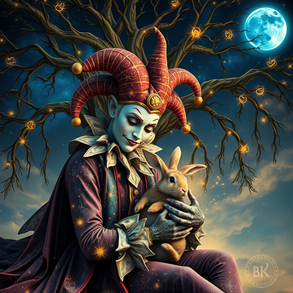 Cosmic Jester with Rabbit Under Blue Moon