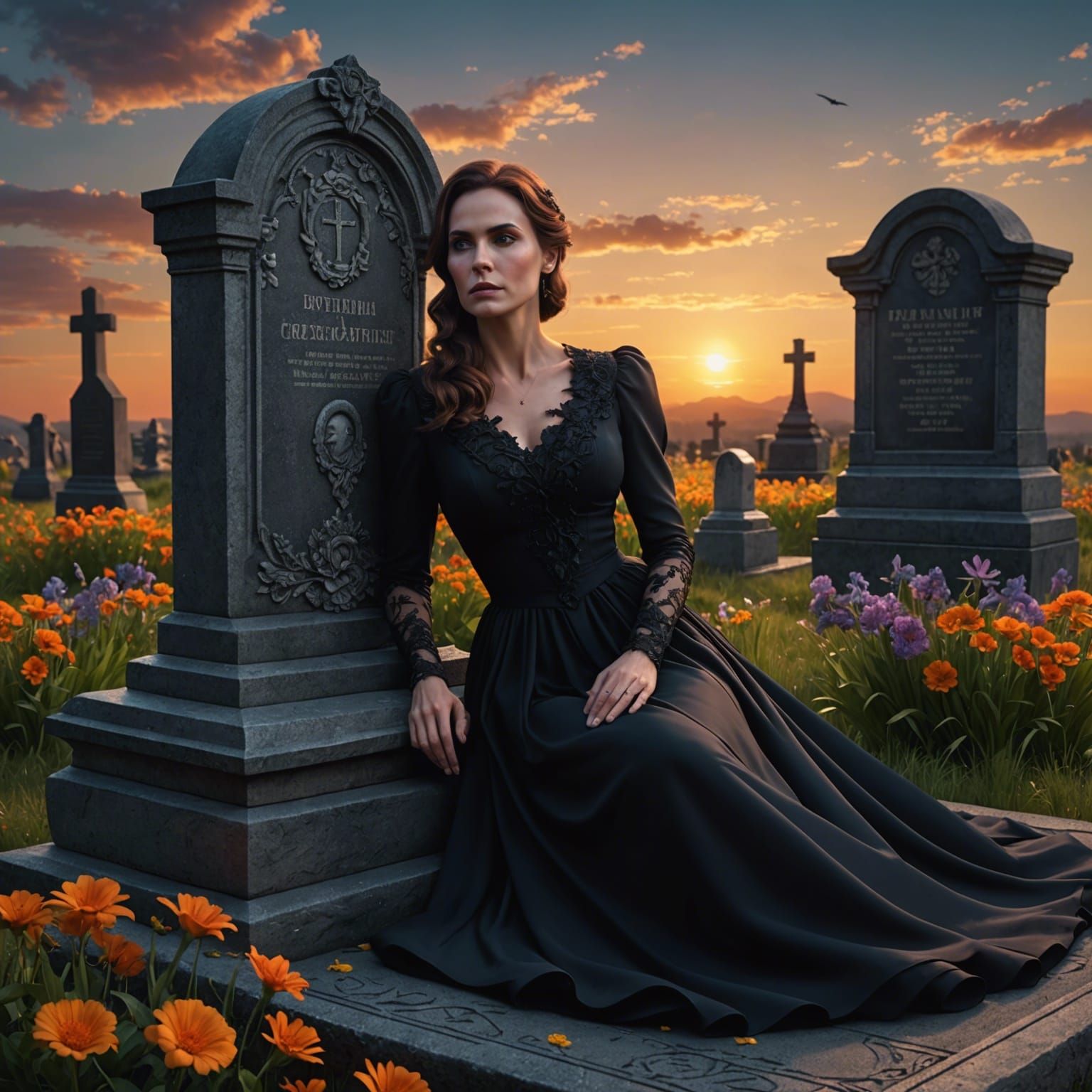 Photorealistic Widow at Gravestone in Dazzling Sunset