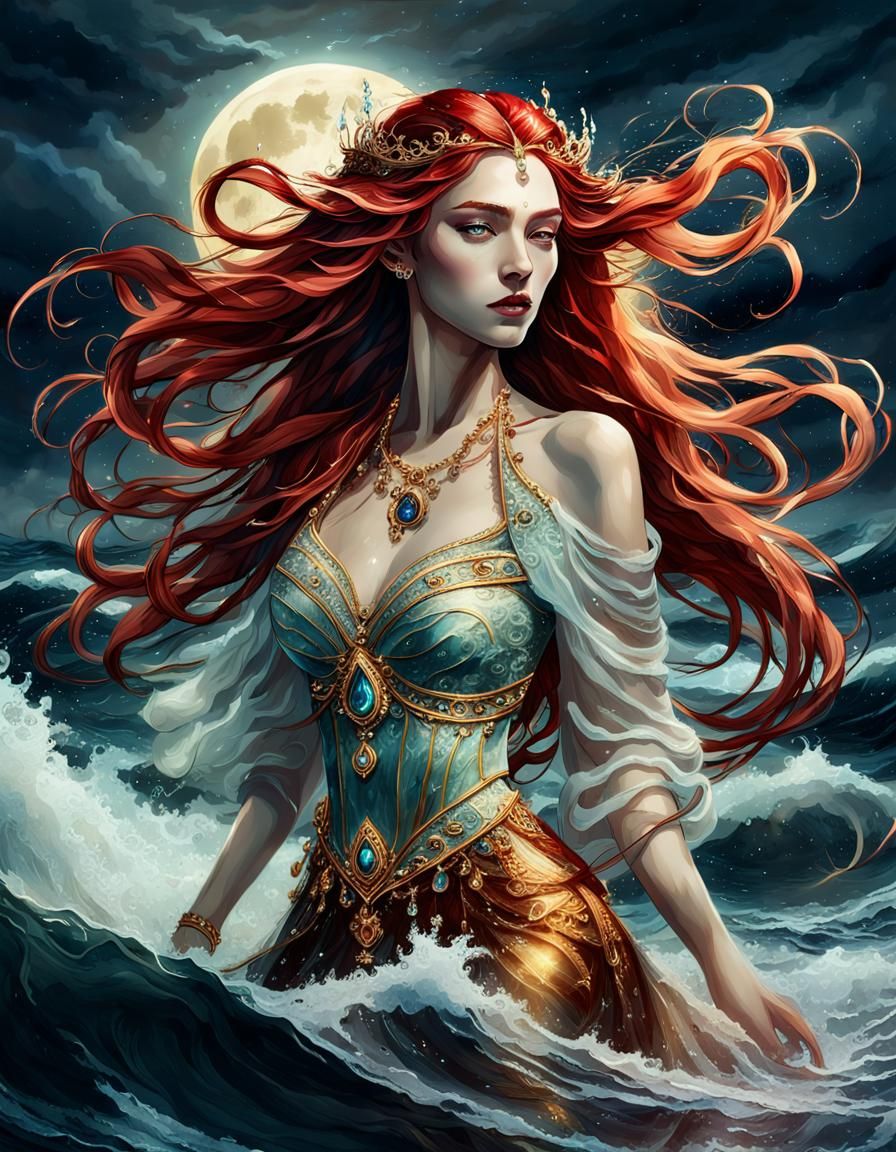 Sea Queen in Stormy Ocean Watercolor Fantasy