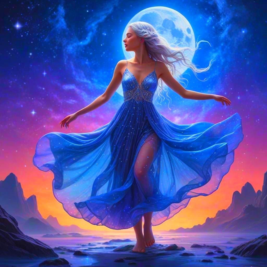 Ethereal Goddess in Celestial Dance Among Phases of the Moon
