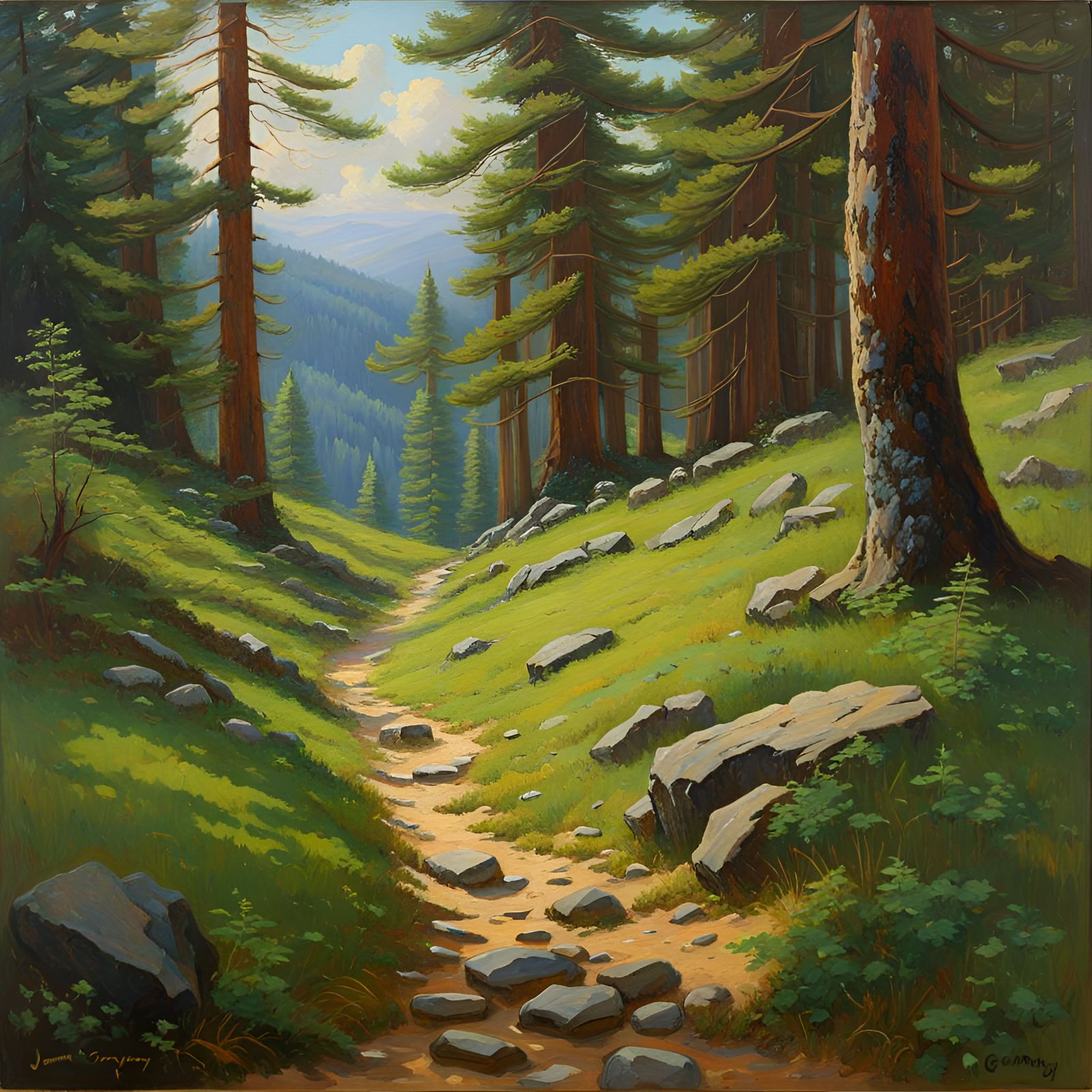 Stone Path Through Forest in Oil Painting Style