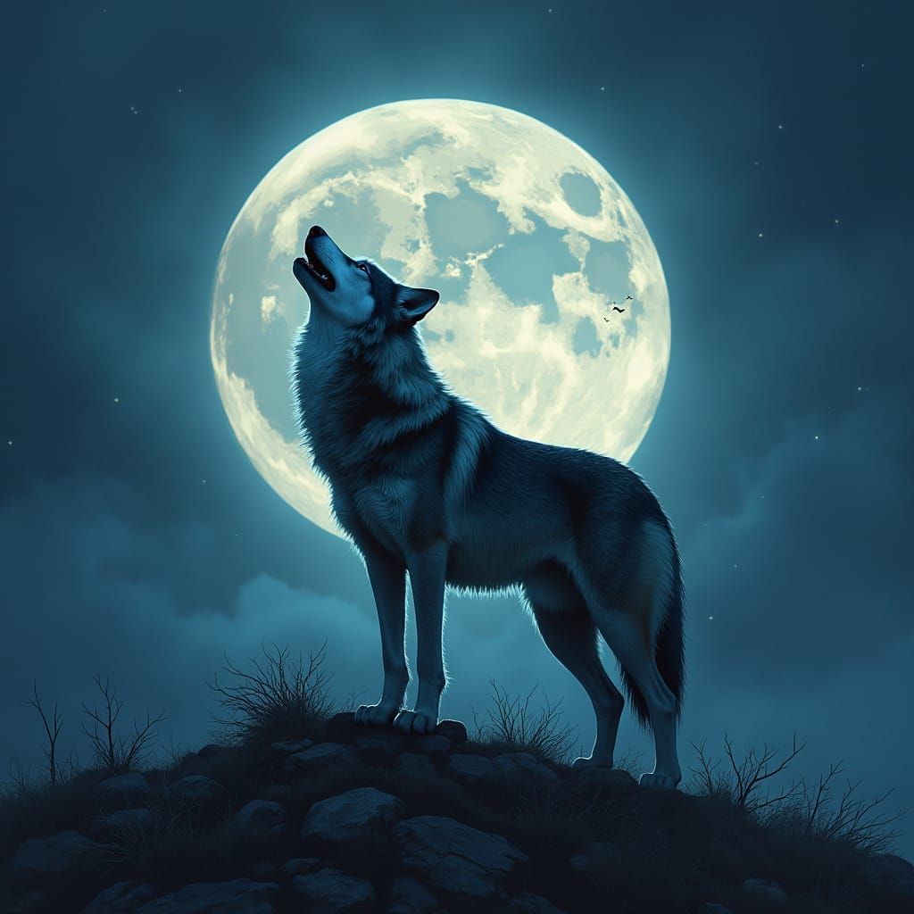 Mystical Wolf Under Full Moon: Digital Painting