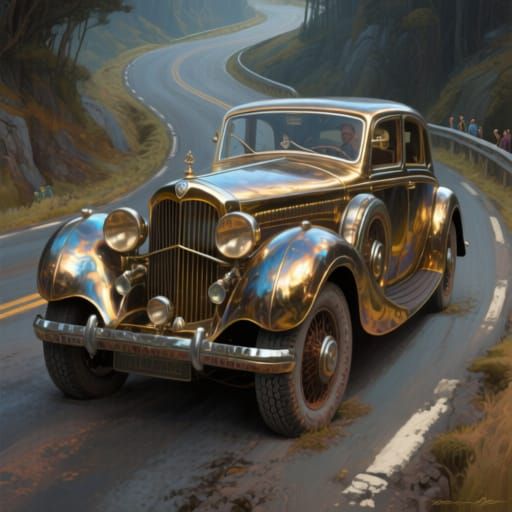 Elegant Vintage Car with Worn Tires on Winding Road