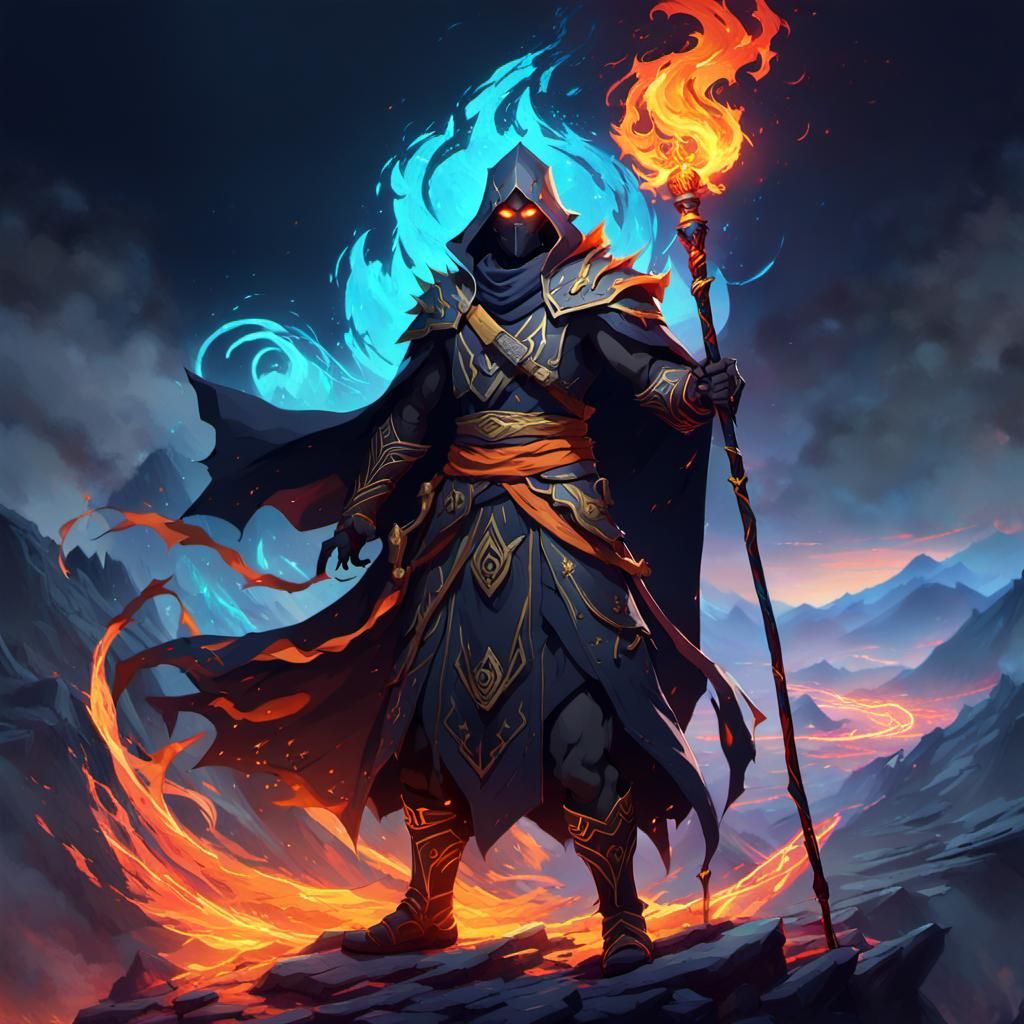 Warlock with Flaming Staff in Anime-Inspired 3D Art