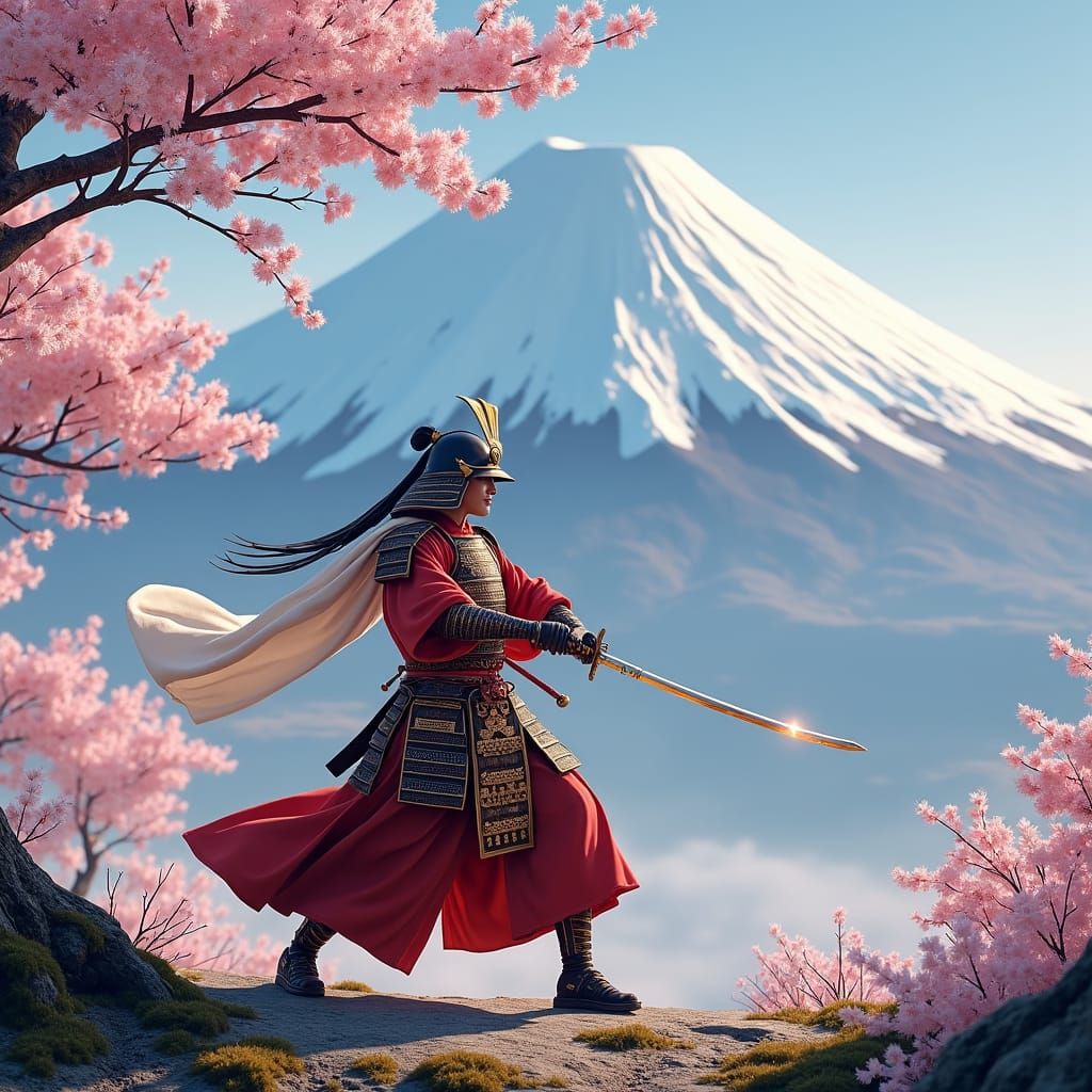 Samurai Sword Dance Under Mount Fuji in Fantasy Art