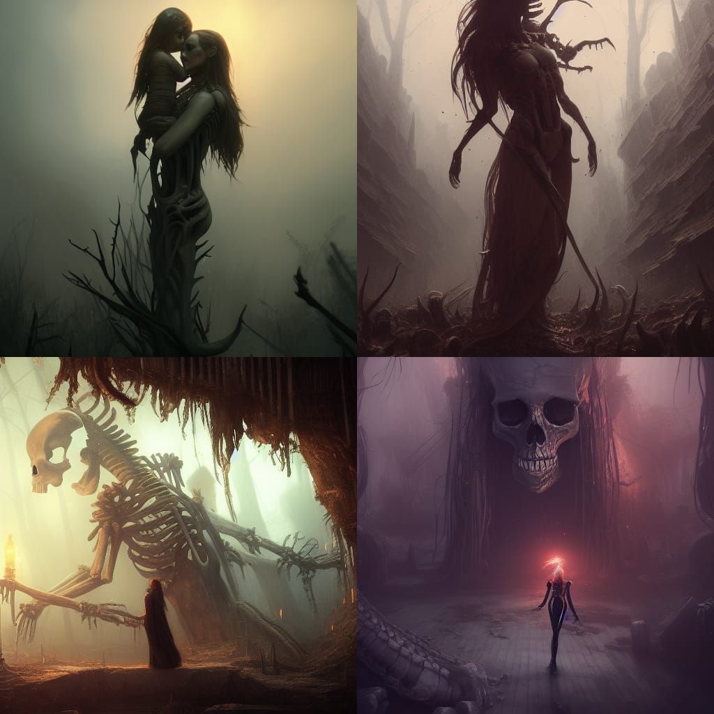 Girl Hugged by Skeleton: Dark Fantasy Concept Art