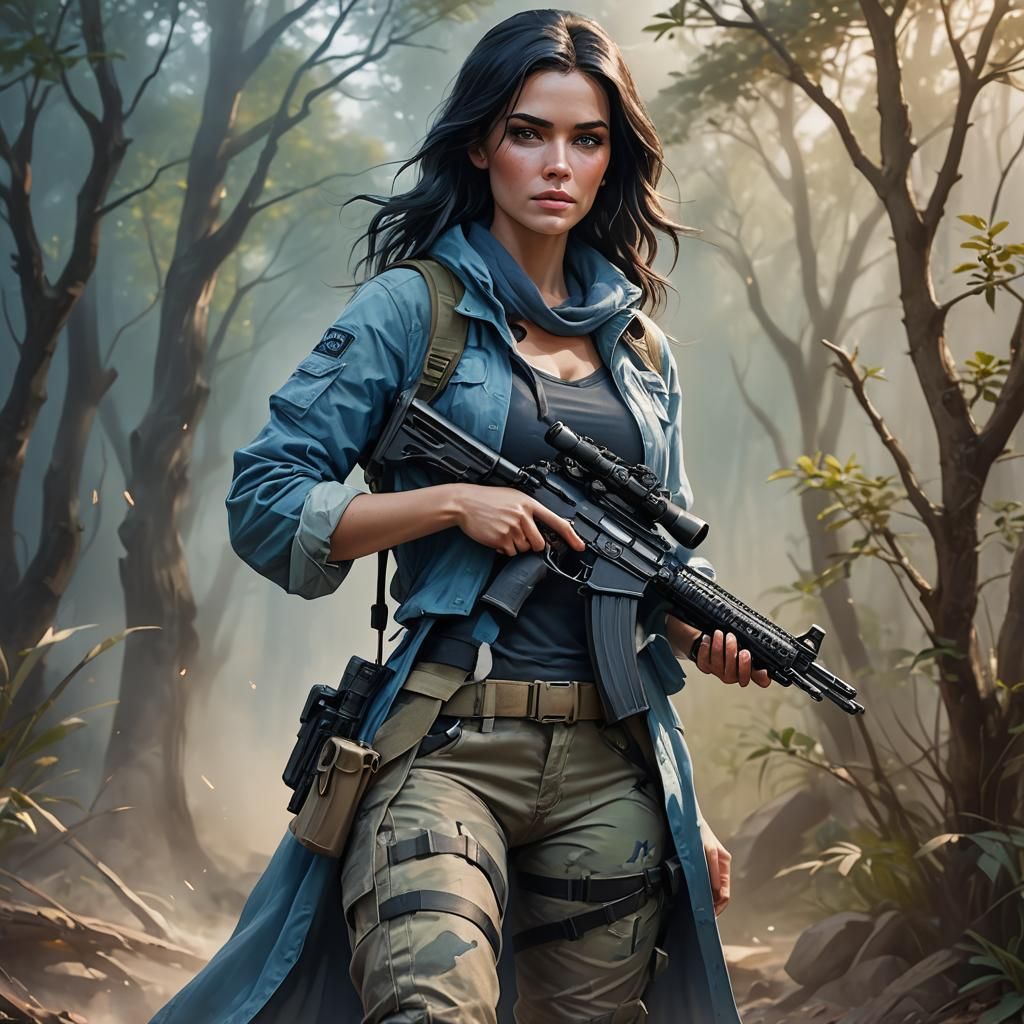 Beautiful Warrior with Sniper Rifle in Dreamy Lighting