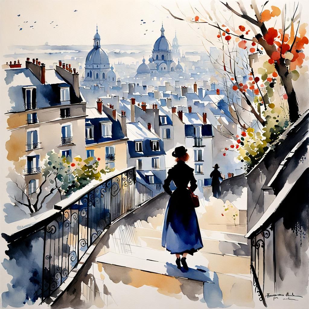 Montmartre Spring Day Watercolor Painting