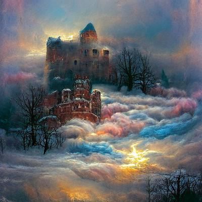 Ethereal Castle Painting at Sundown with Cloudy Sky