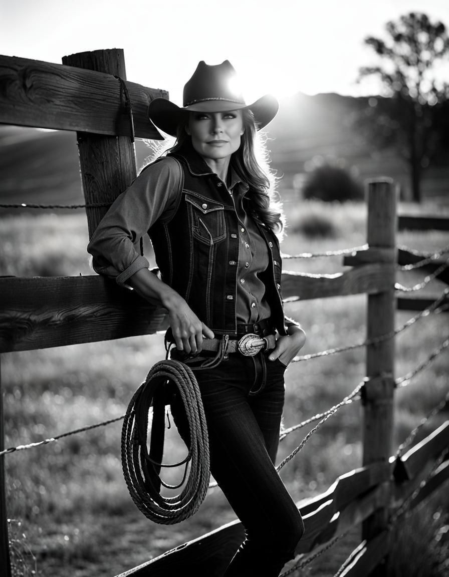 Gritty Black and White Cowgirl Photograph at Sunset