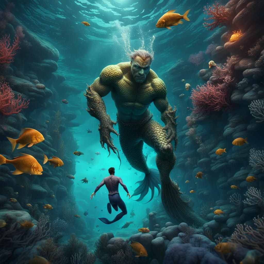 Underwater Mermaid Chase: Detailed Fantasy Art