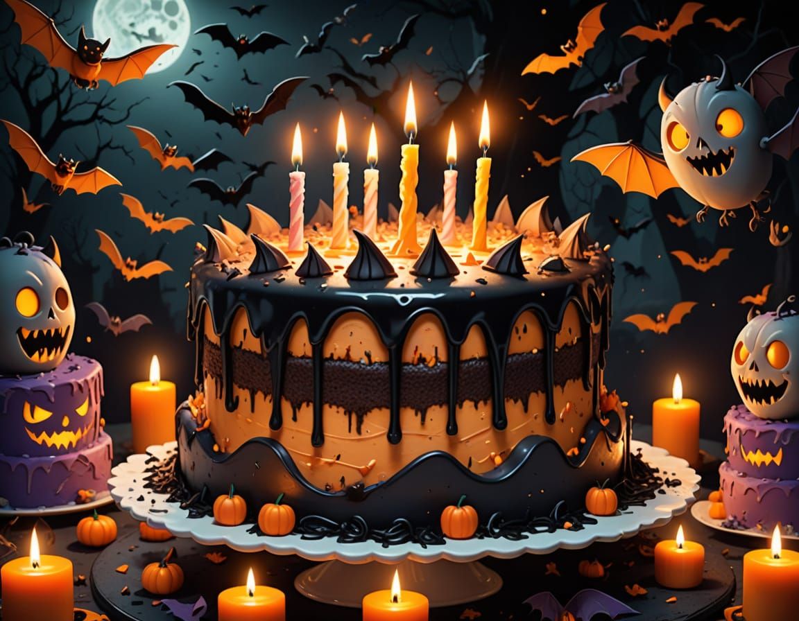 Whimsical Horror Cake Explosion with Bats and Ghosts