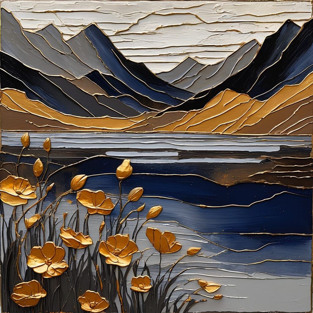 Abstract Sunset Over Mountain Lake in Art Deco Style