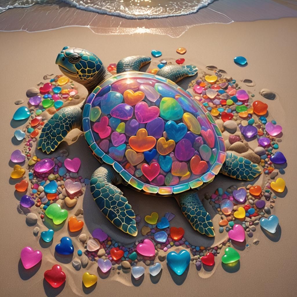 Glowing Heart Turtle on Neon Beach