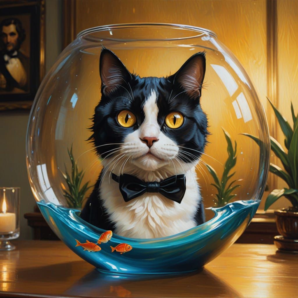 Surreal Cat Head in Fishbowl as Oil Painting