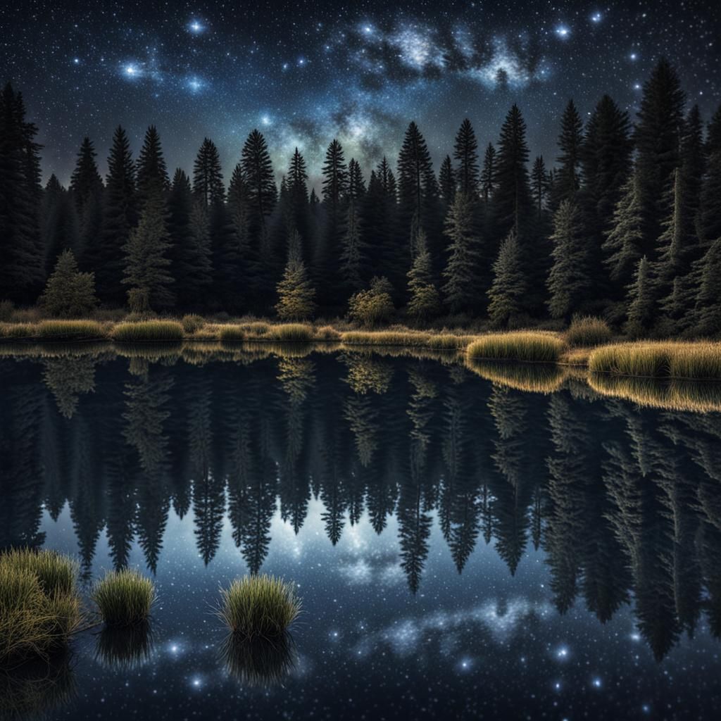 Hyperrealistic Starry Night Reflection Over Lake