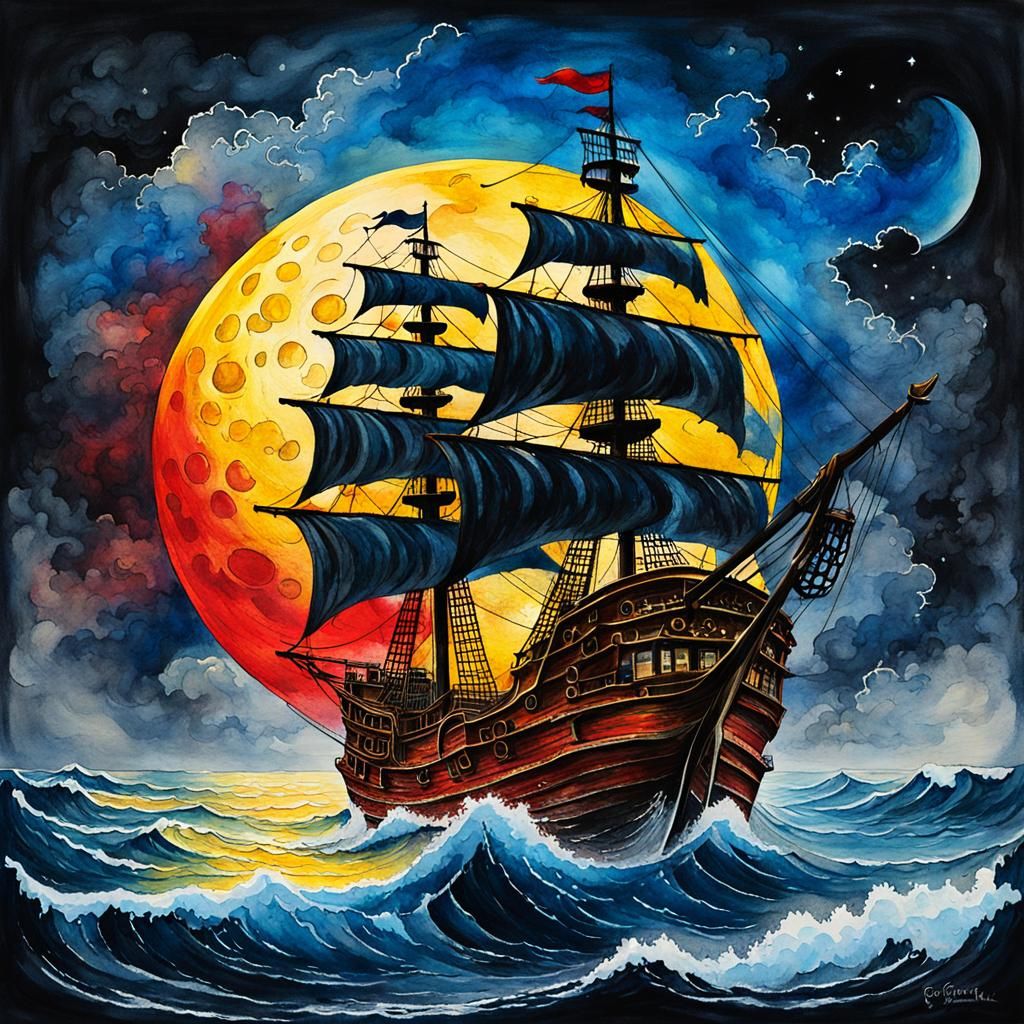 Pirate Ship on Ocean Waves: Sinister Illustration