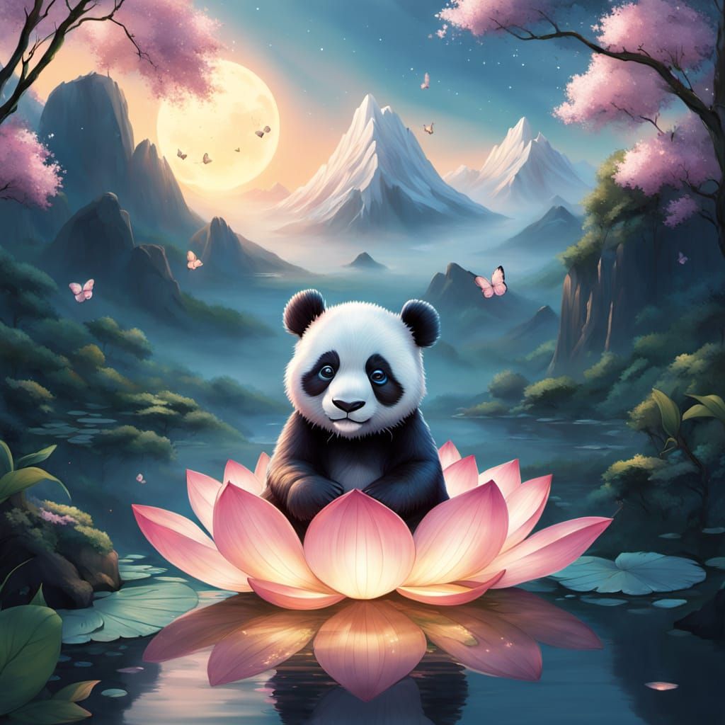 Serenely Meditating Panda Amidst Glowing Lotus and Majestic ...