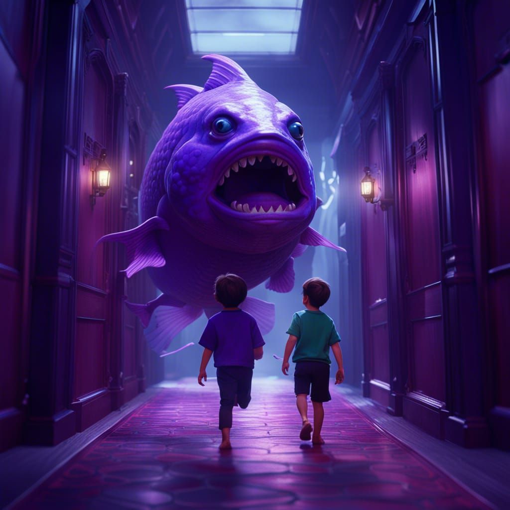 Purple Fish Chases Boy: Detailed Fantasy Art