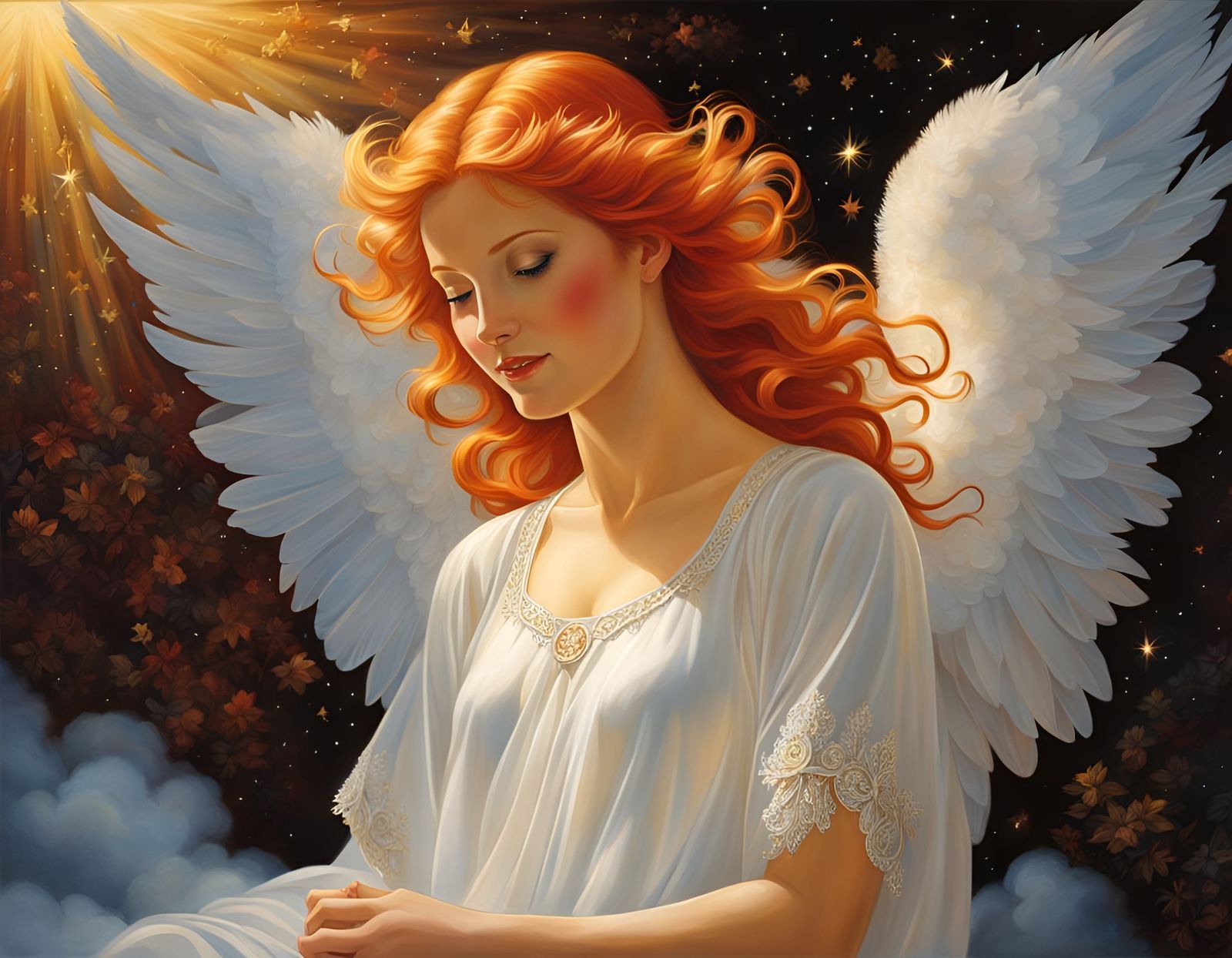 Red-Haired Angel on Cloud with Gossamer Wings