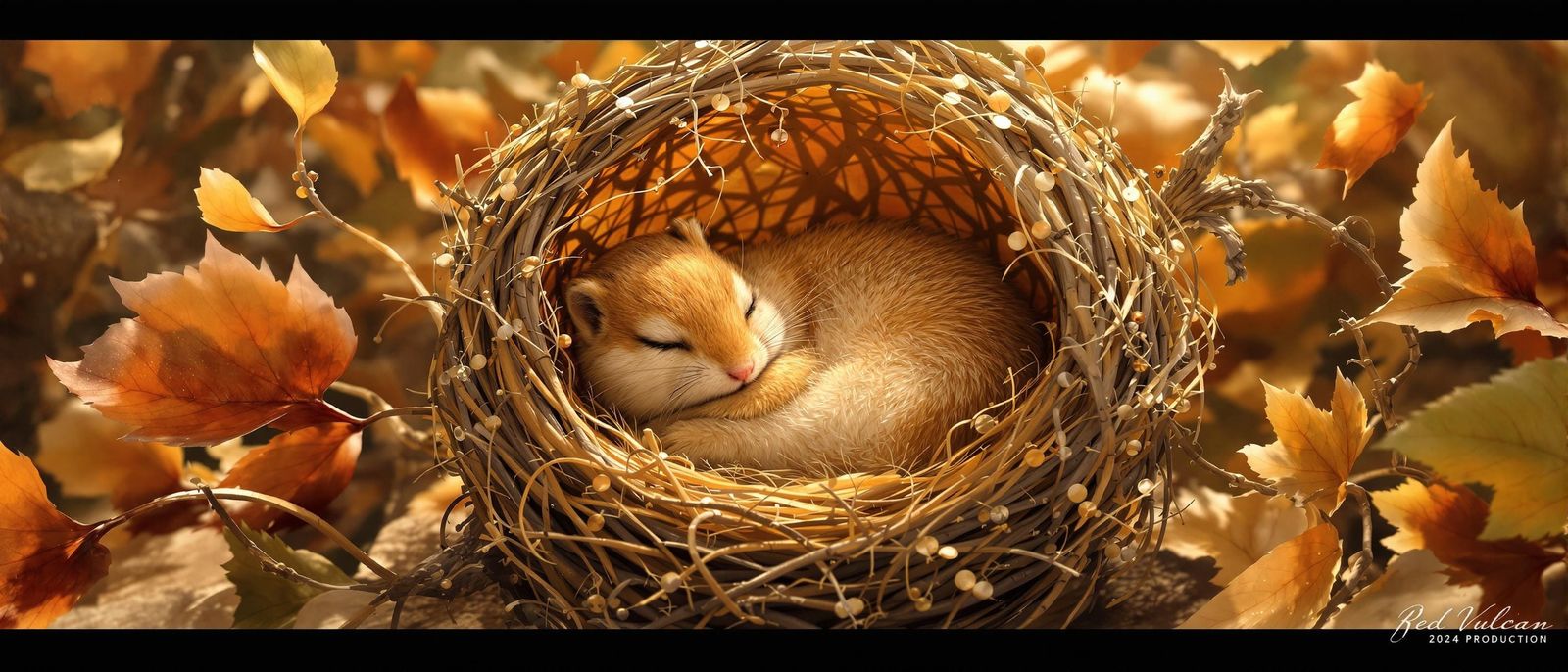 Whimsical Chipmunk in Golden Leaf Cocoon, Enchanted Forest