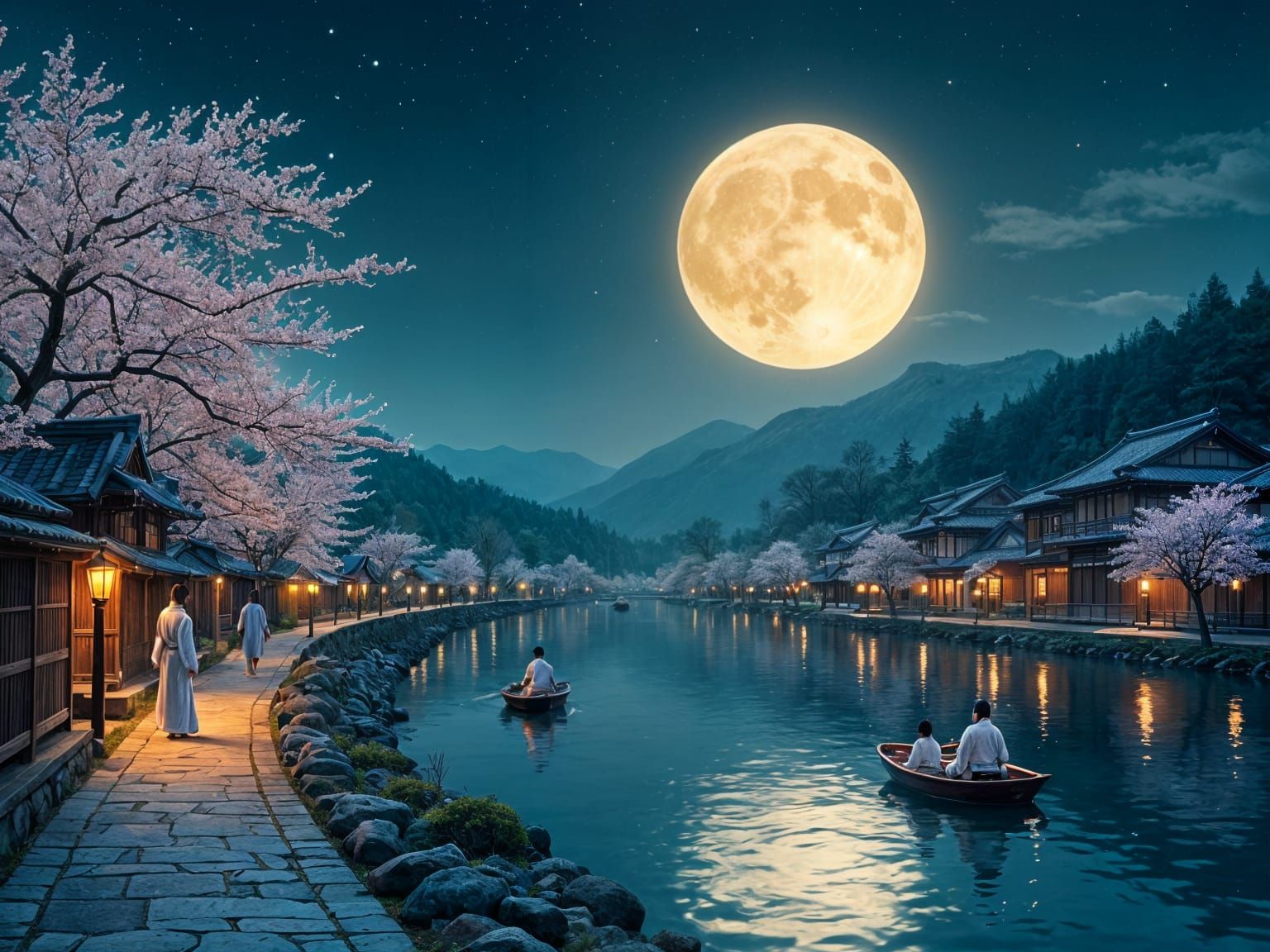 Japanese Riverside Town at Night: Lanterns, Kimonos, and Ful...