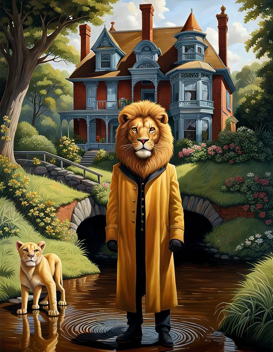 Human in Lion Costume Roaming Near River