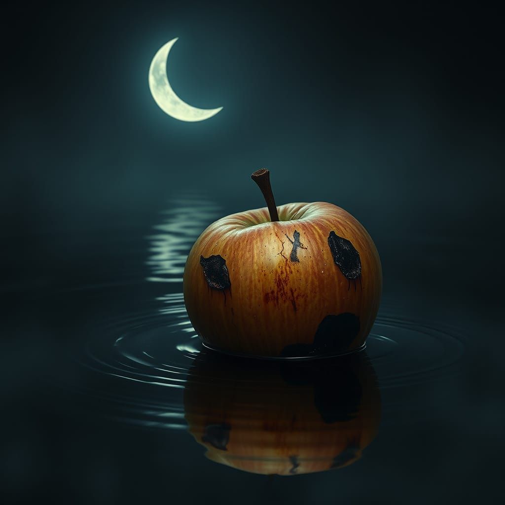 Bruised Apple in Moonlit Pond, Surrealist Decay