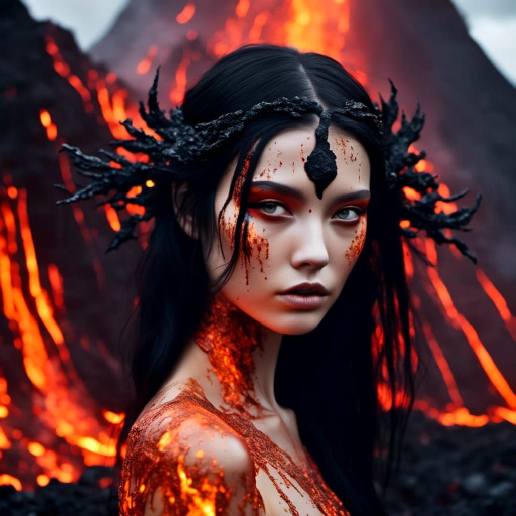 Volcano Goddess with Lava and Black Hair