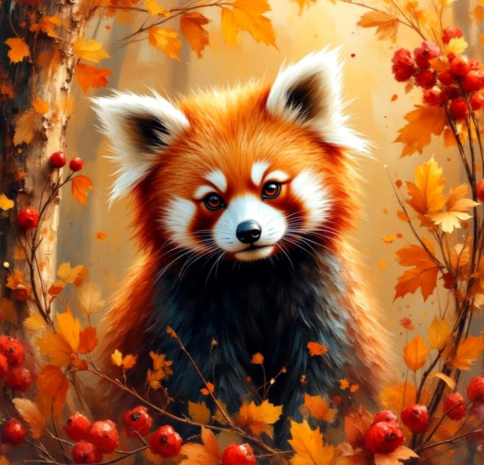 Happy Red Panda in Watercolour Oil Painting