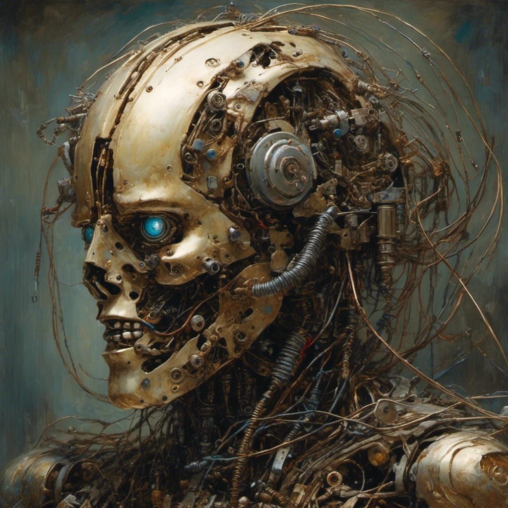 Robot with screws and wires growing inside and outside of he...