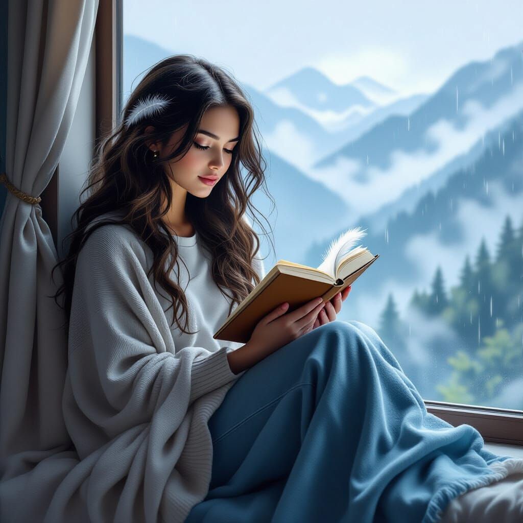Girl Reading by Window in Dreamy Astral Style